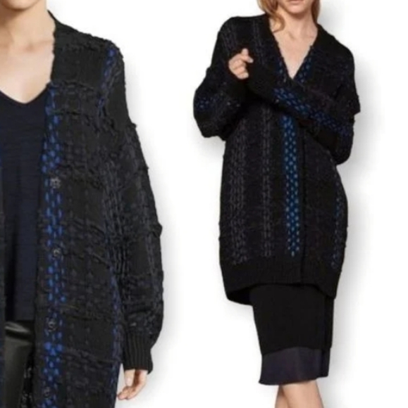 Rag & Bone Dawson Chunky Wool Knit Ribbon Cardigan Coat Black + Blue - Picture 2 of 7
